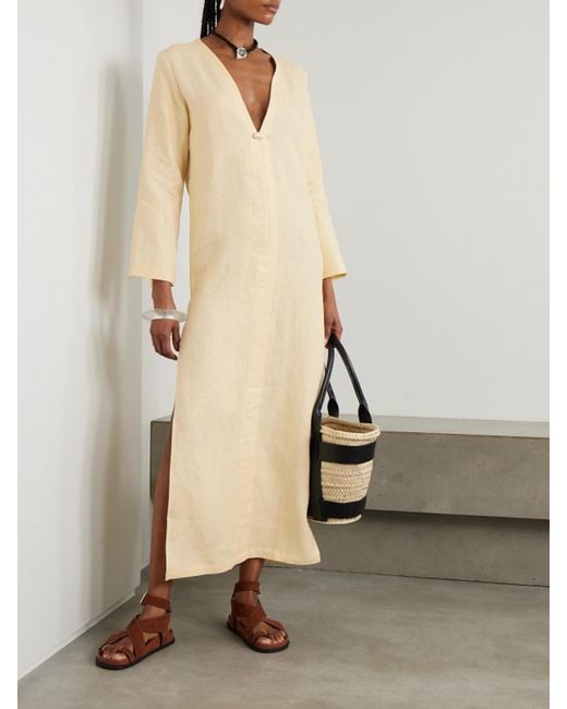 SARA CRISTINA Natural Pearl-Embellished Linen Kaftan
