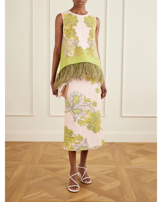 LaDoubleJ Yellow La Scala Printed Feather-Trimmed Cotton-Blend Top