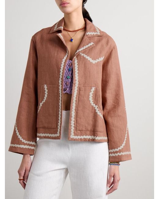 Alix Of Bohemia Brown Western Ricrac-Trimmed Linen Jacket