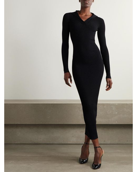 Alaïa Black Hooded Ribbed-Knit Midi Dress