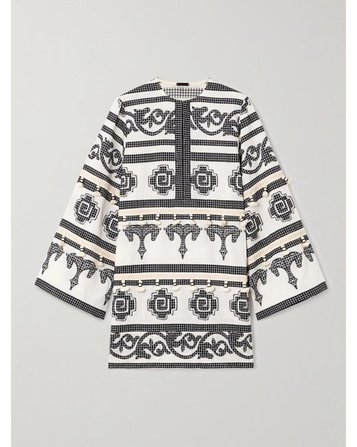 Johanna Ortiz Gray Quetzalcóatl Temple Tasseled Embroidered Cotton Coverup