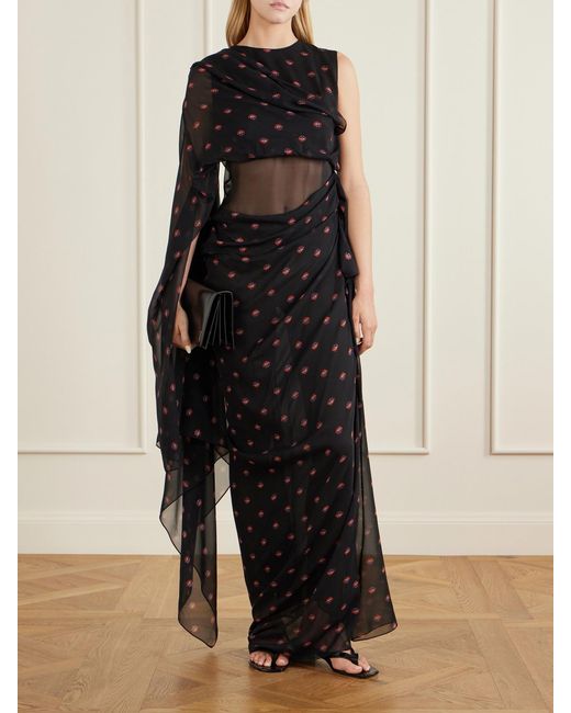LIBEROWE Black Floral-Print Silk-Chiffon Gown