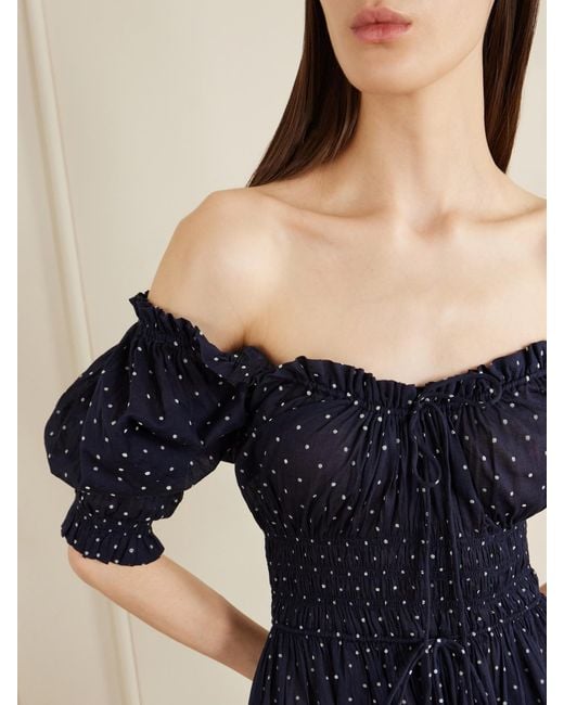 Doen Blue Ischia Shirred Polka-Dot Organic Cotton-Voile Midi Dress