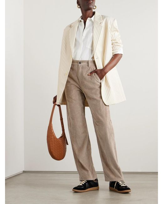 Brunello Cucinelli Natural Striped Cotton-Blend Corduroy Straight-Leg Pants