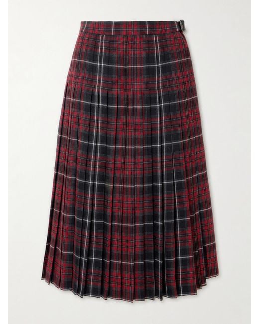 Burberry Red Buckled Pleated Checked Woven Midi Skirt