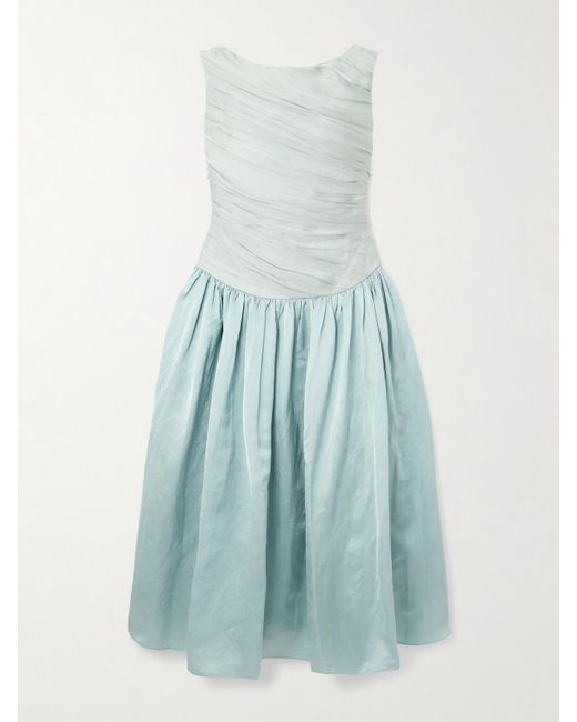 Abadia Blue Ora Pleated Gathered Chiffon And Dupioni Midi Dress