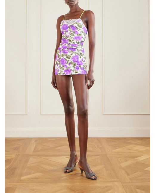 Chloé Pink Bow-Detailed Ruched Lace-Trimmed Floral-Print Swimsuit