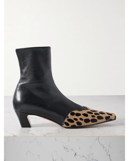 Khaite Black Nevada Leather And Leopard-Print Calf Hair Ankle Boots