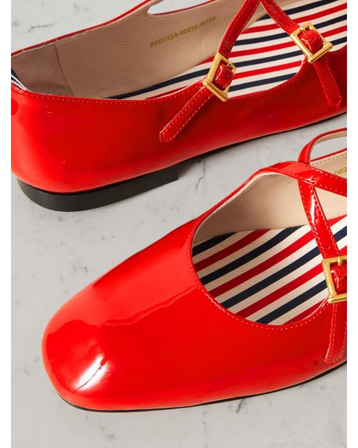 Thom Browne Red Grosgrain-Trimmed Patent-Leather Ballet Flats