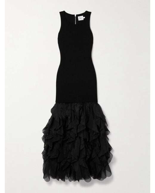 Aje. Black Elations Ribbed-Knit And Ruffled Organza Maxi Dress