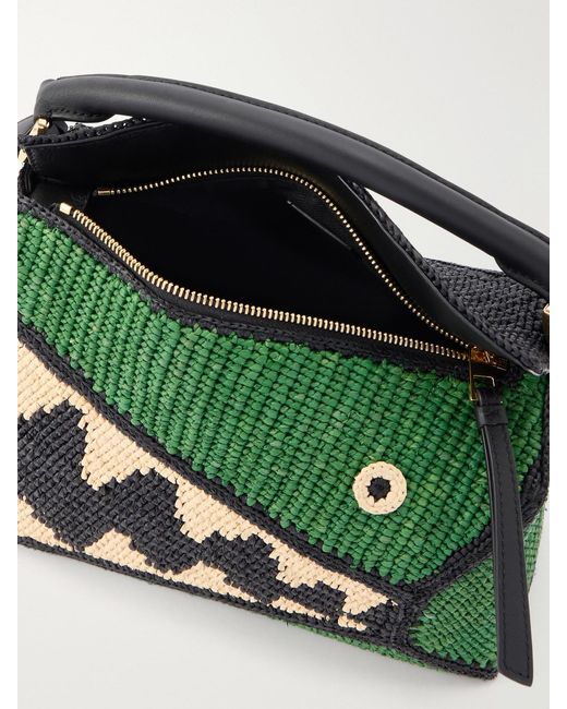 Loewe Green Paula's Ibiza Puzzle Edge Crocodile Leather-Trimmed Raffia Shoulder Bag