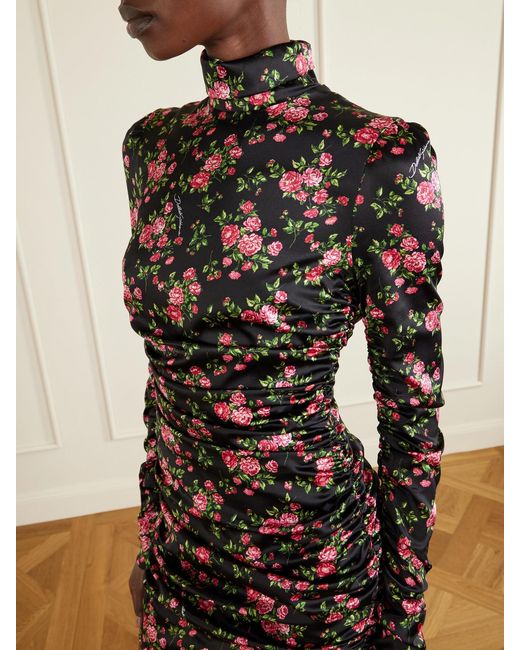 Dolce & Gabbana Black Small Rose Bouquets-Printed Mini Satin Dress