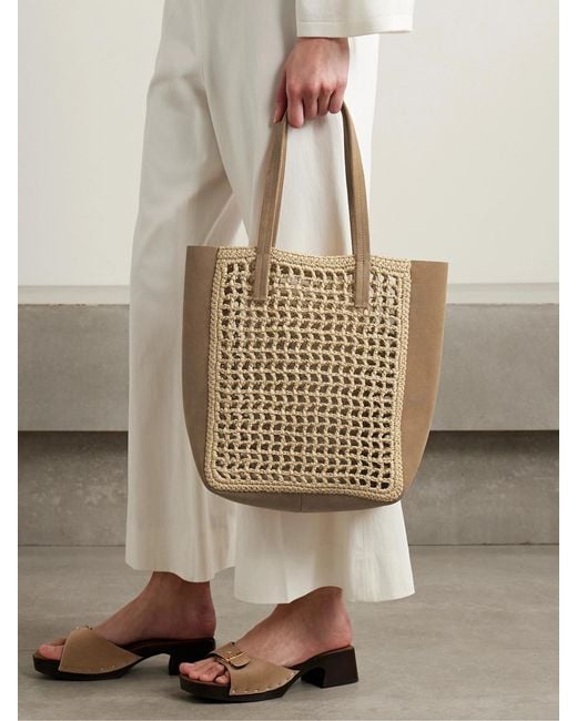 Khaite Natural Zoe Small Suede And Crocheted Raffia Tote