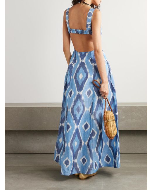 Emporio Sirenuse Blue Azzurra Open-Back Printed Hemp And Cotton-Blend Maxi Dress