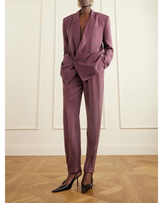 Saint Laurent Blue Pleated Silk-Habotai Straight-Leg Pants