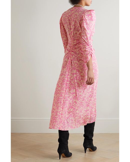 Isabel Marant Pink Ruched Floral-Print Stretch-Silk Crepe Dress