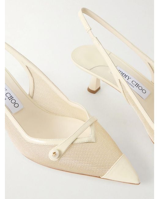 Jimmy Choo Natural Amita 45 Embellished Patent-Leather Trimmed Metallic Mesh Slingback Pumps
