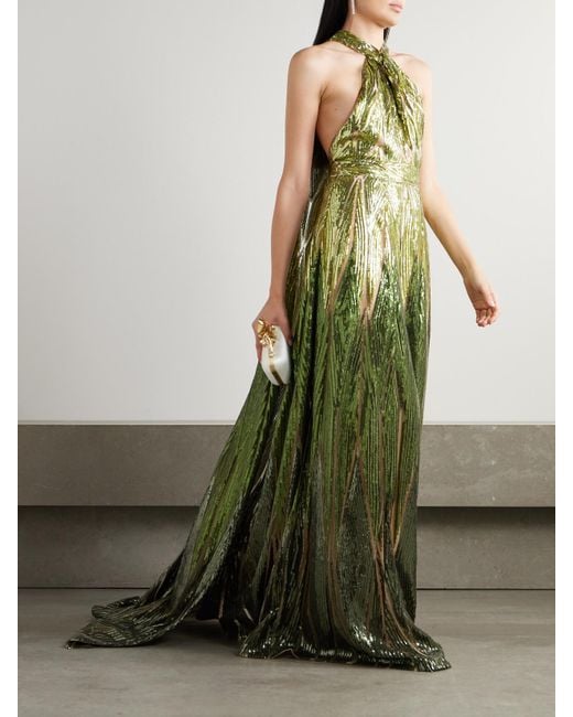 Elie Saab Green Cape-Effect Embroidered Sequined Tulle Halterneck Gown