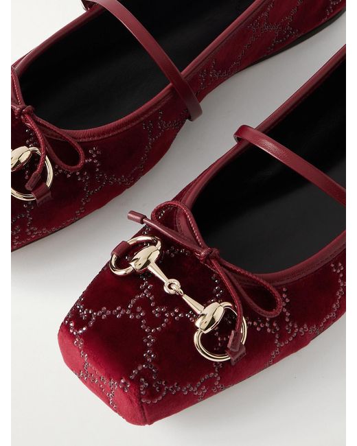 Gucci Red Horsebit Ballerina Leather-Trimmed Crystal-Embellished Velvet Flats