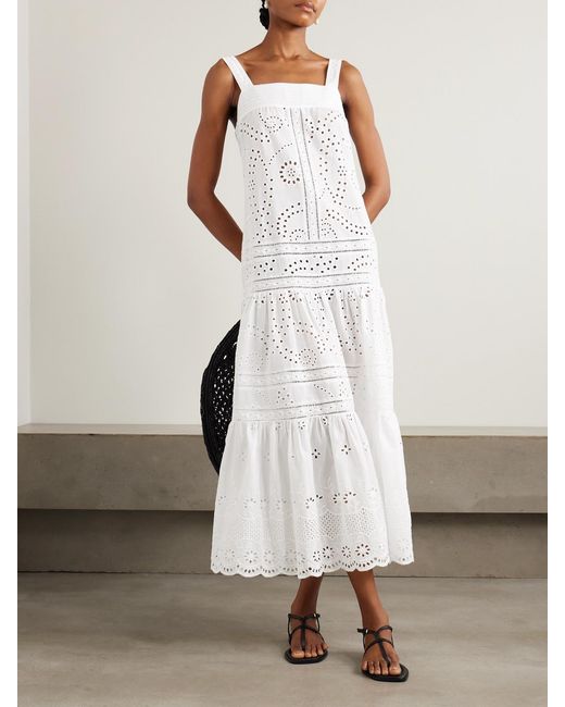 Loretta Caponi White Populonia Tiered Scalloped Broderie Anglaise Cotton Maxi Dress