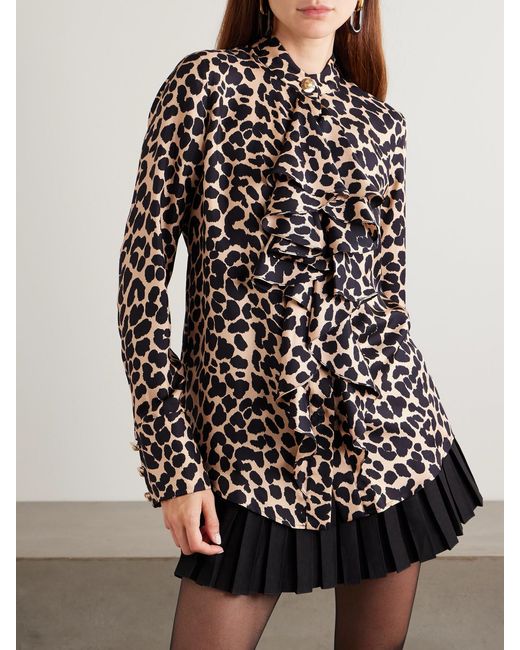 Balmain Multicolor Ruffled Leopard-Print Silk Blouse