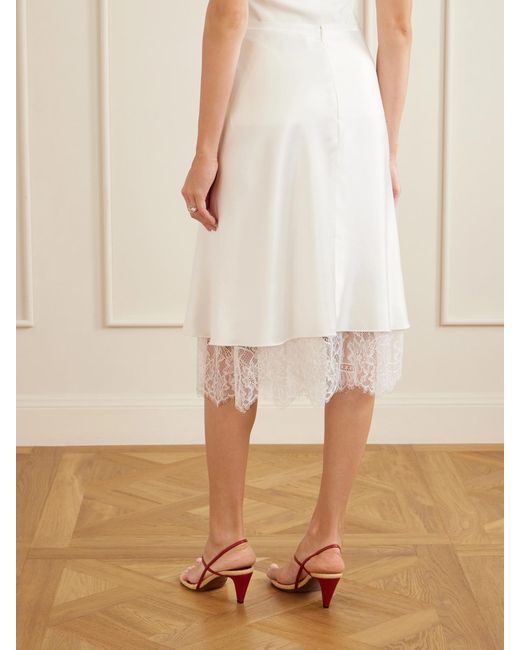 Sir White Ingrid Layered Gathered Lace-Trimmed Satin Midi Skirt