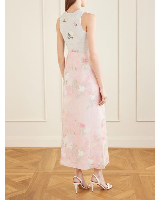 BERNADETTE Pink Carmen Floral-Printed Linen Midi Skirt