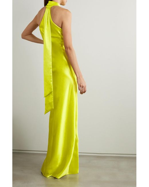 Galvan London Pandora Neon Satin Halterneck Gown in Yellow Lyst