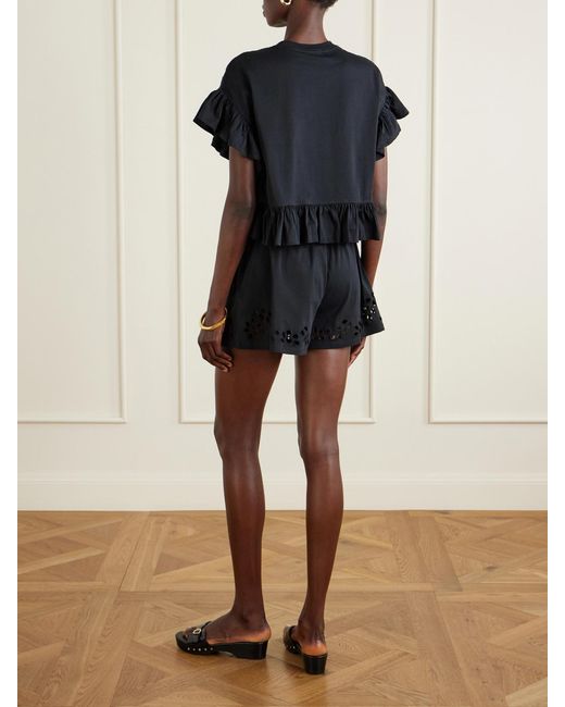 Ulla Johnson Black Mariana Ruffled Broderie Anglaise Organic Cotton-Jersey Blouse