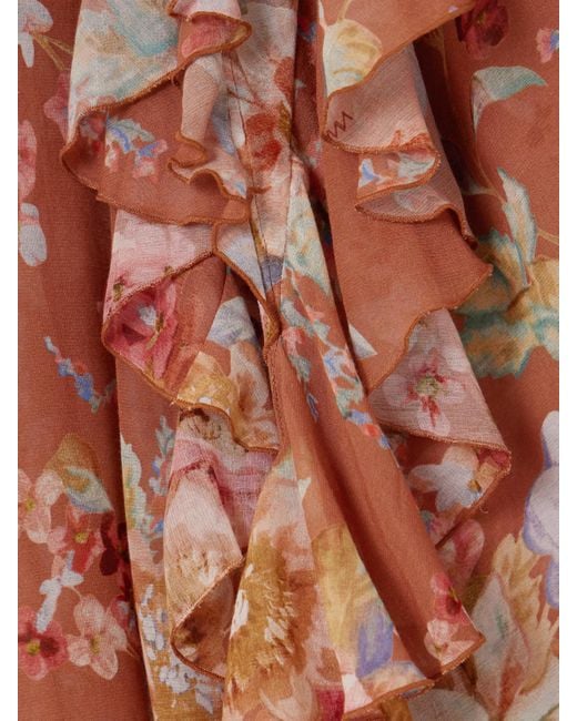 Zimmermann Brown Awaken Belted Ruffled Floral-Print Cotton And Silk-Blend Crepe De Chine Maxi Skirt