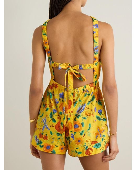 Cara Cara Yellow Colomba Tie-Detailed Floral-Print Cotton-Poplin Playsuit