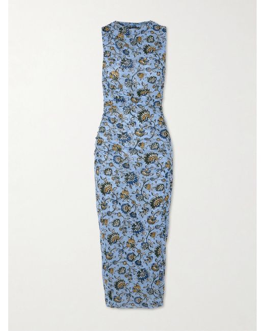Veronica Beard Blue Sylviani Ruched Floral-Print Stretch-Tulle Midi Dress