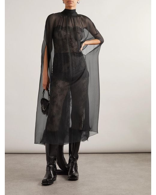 Valentino Garavani Black Cape-Effect Leavers Lace And Silk-Chiffon Midi Dress