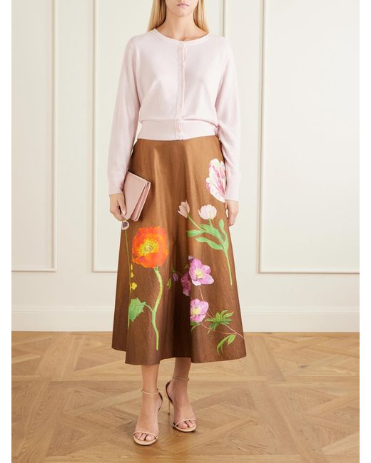 Oscar de la Renta Brown Floral-Print Cotton-Poplin High-Waist Midi Skirt