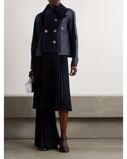 Sacai Blue Doppelreihige Jeansjacke Mit Wolleinsatz