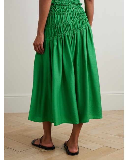 Tory Burch Green Ruffled Smocked Lyocell-Blend Midi Skirt