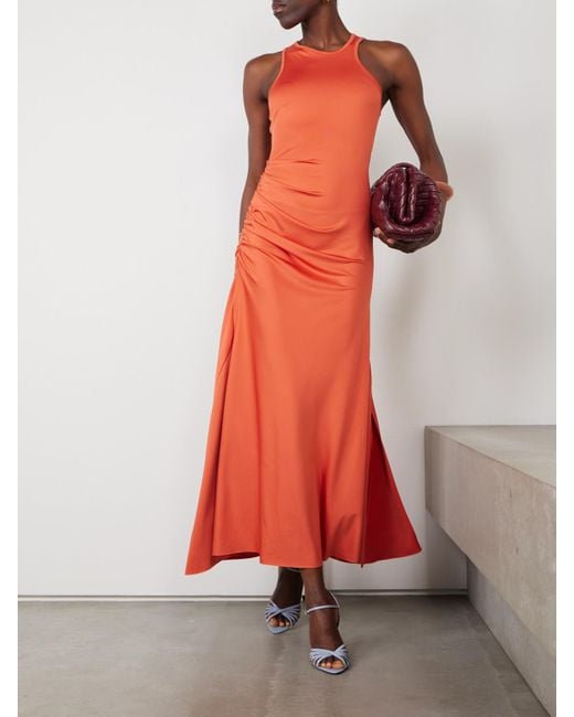 Victoria Beckham Red Asymmetric Ruched Satin-Jersey Midi Dress