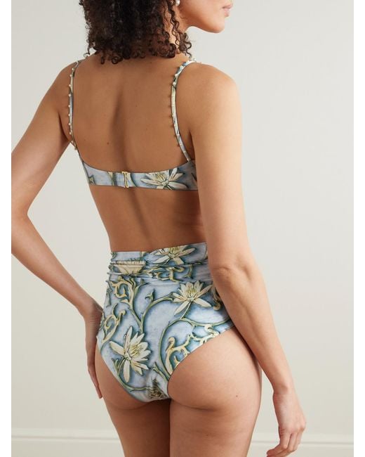 Agua Bendita Blue Magdalena Soledad Faux Pearl-Embellished Floral-Print Recycled Underwired Bikini Top