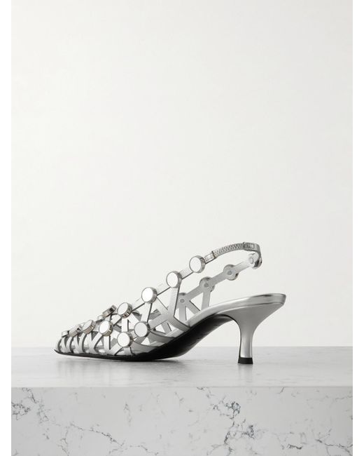 The Attico White Grid Studded Metallic Leather Slingback Pumps