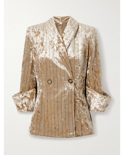 Loretta Caponi Natural Quarzo Double-Breasted Pinstriped Crushed-Velvet Blazer
