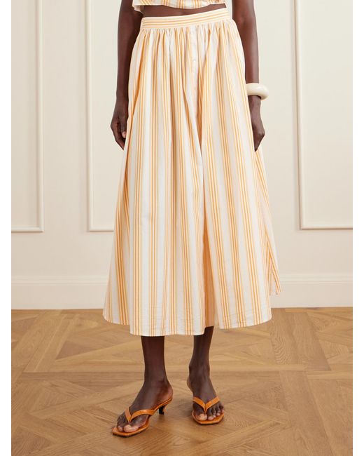 Rosie Assoulin Natural Easy Does It Pleated Striped Cotton-Poplin Midi Skirt