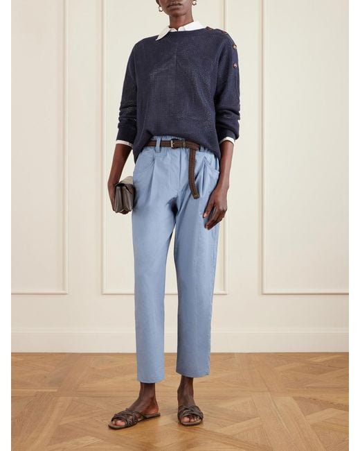 Brunello Cucinelli Blue Cotton-Voile Tapered Pants