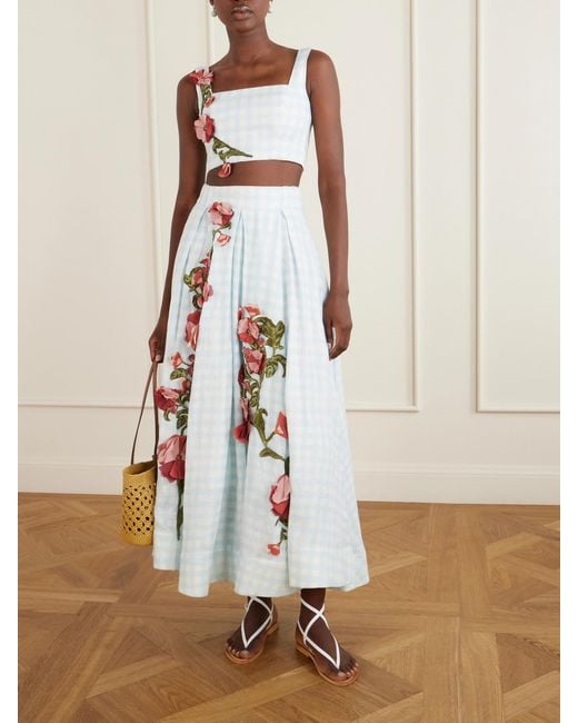 Agua Bendita White Delta Floral-Appliqué Checked Linen Maxi Skirt