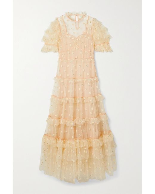 Doen Natural Orelia Tiered Embroidered Tulle Maxi Dress