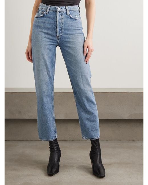 Agolde Blue '90S Pinch Waist Cropped Distressed Mid-Rise Straight-Leg Jeans