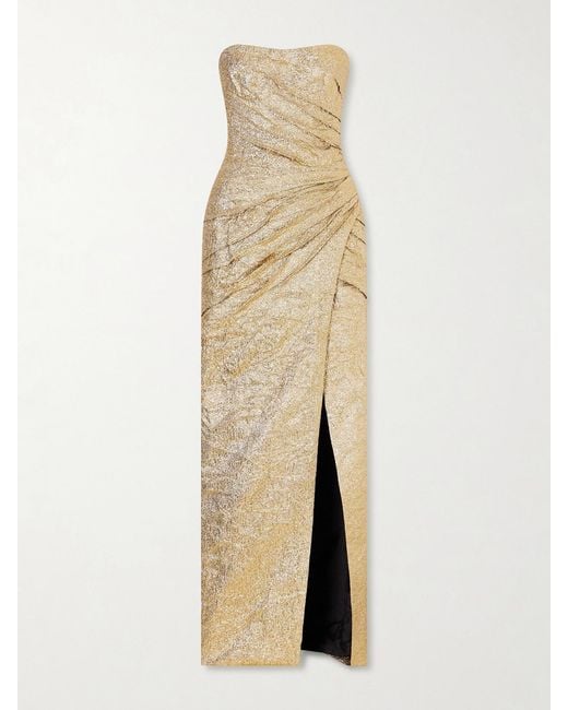 Marmar Halim Natural Pleated Crinkled Lamé Gown