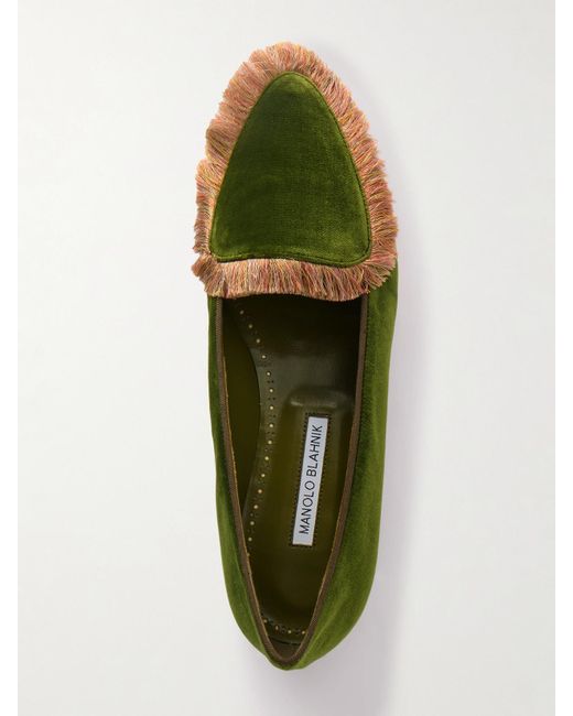 Manolo Blahnik Green Agofran Loafers Aus Samt Mit Fransen