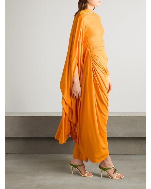 Bottega Veneta Orange Draped Gathered Jersey Maxi Dress