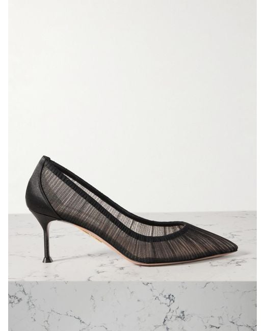 Aquazzura Gray 65 Satin-Trimmed Ruched Tulle Point-Toe Pumps