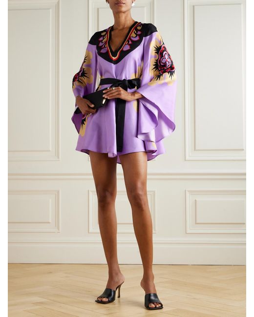 LaDoubleJ Purple Icon Magnifico Minikleid Aus Seiden-Twill Mit Blumenprint Und Bindegürtel